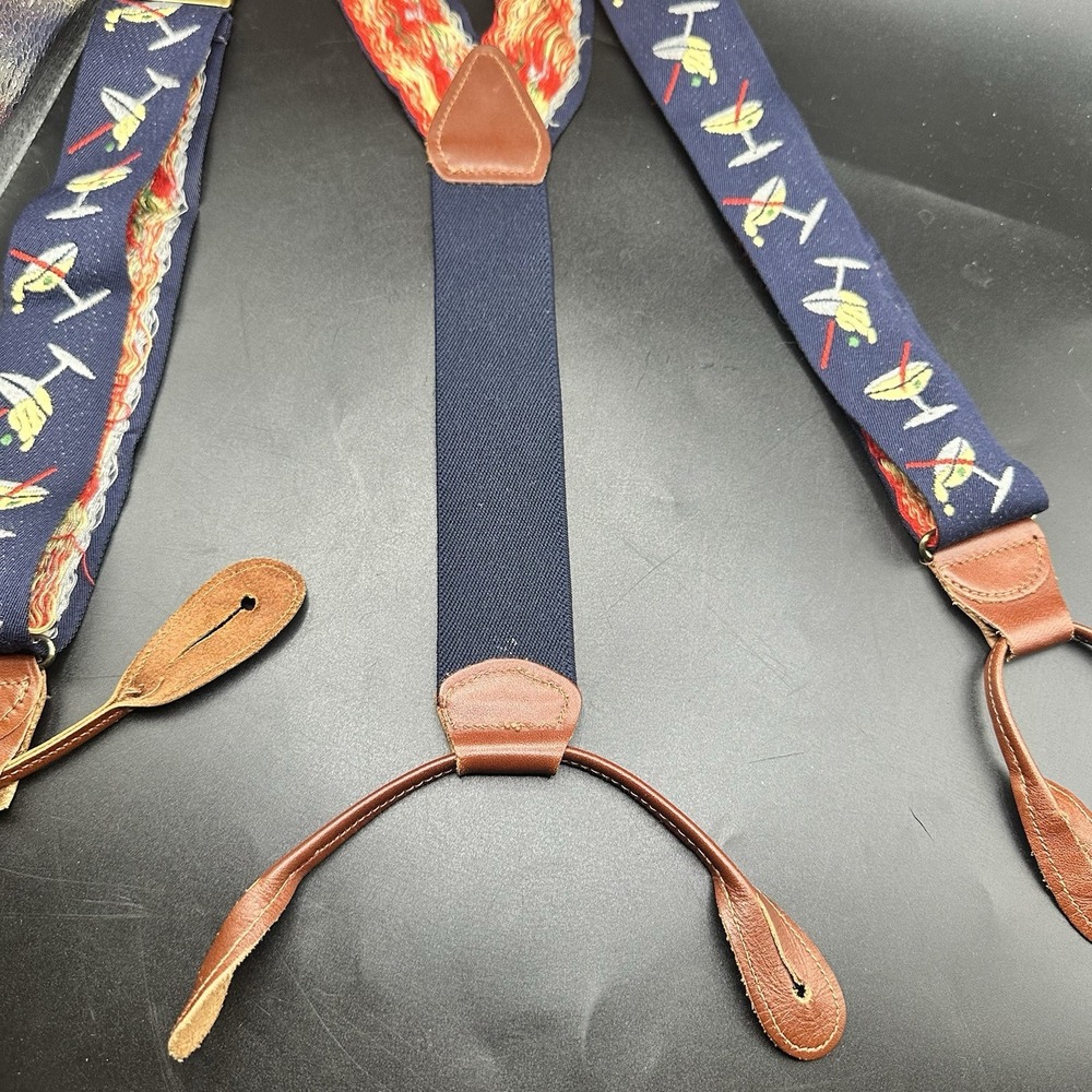 Navy Blue Ribbon Suspenders Embroidered Martini Glasses Brown Leather Closures - Picture 6 of 8